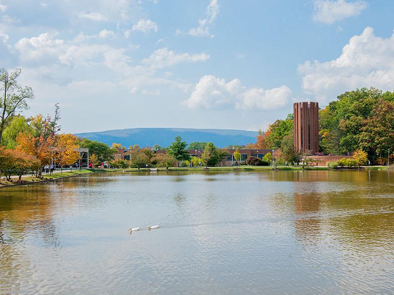 A view of the Penn State Altoona campus overlooking the Reflecting Pond